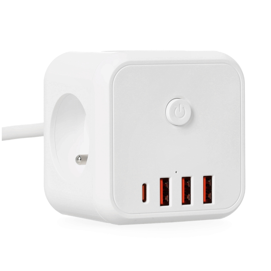 Prailginimo laidas kubas su jungikliu LINEA 3x230V + 4xUSB A/C balta