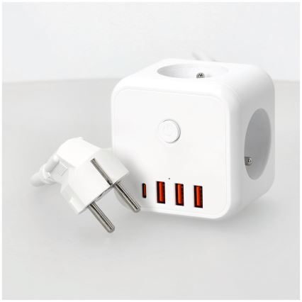 Prailginimo laidas kubas su jungikliu LINEA 3x230V + 4xUSB A/C balta