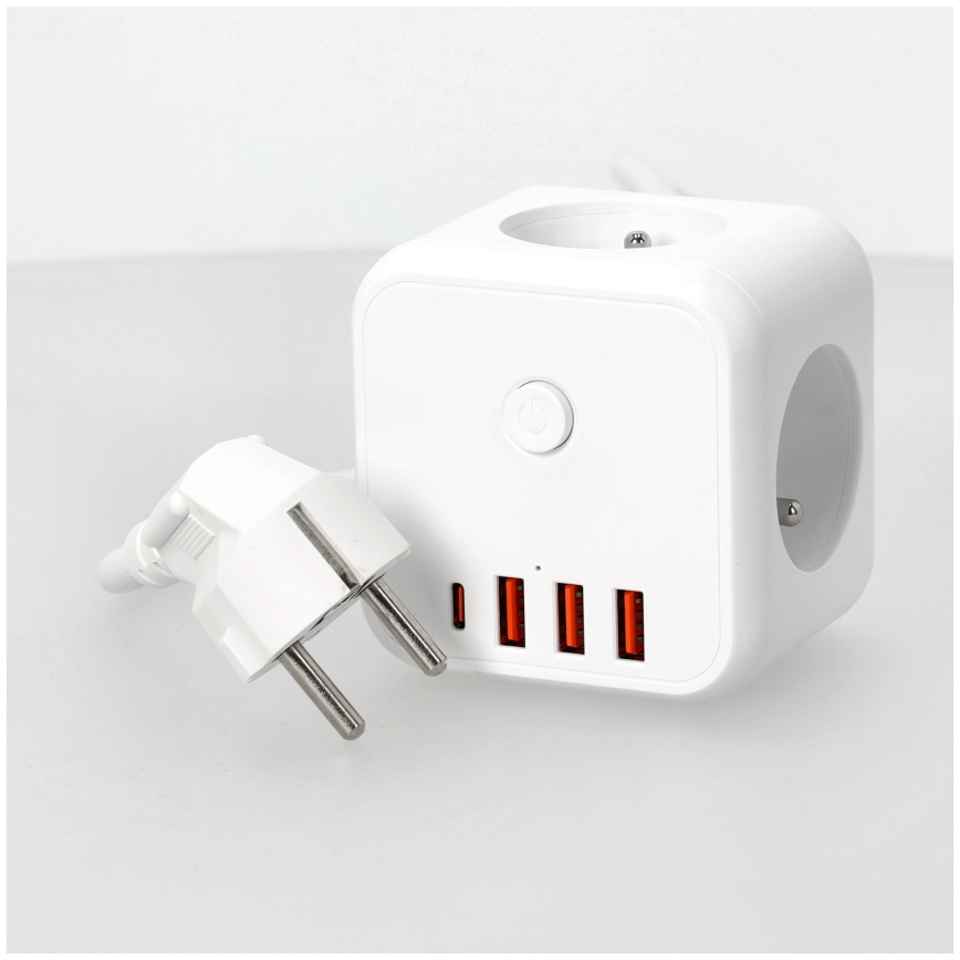 Prailginimo laidas kubas su jungikliu LINEA 3x230V + 4xUSB A/C balta