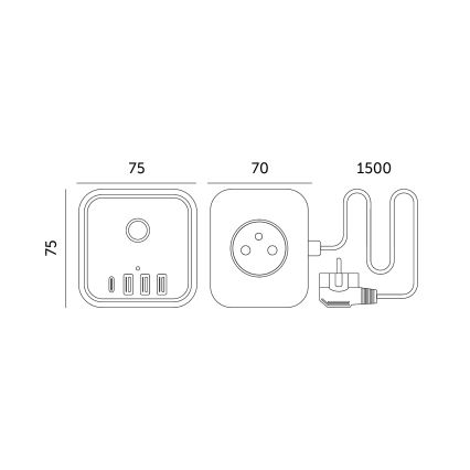Prailginimo laidas kubas su jungikliu LINEA 3x230V + 4xUSB A/C balta