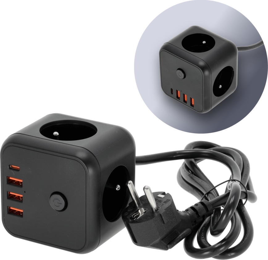 Prailginimo laidas kubas su jungikliu LINEA 3x230V + 4xUSB A/C juoda