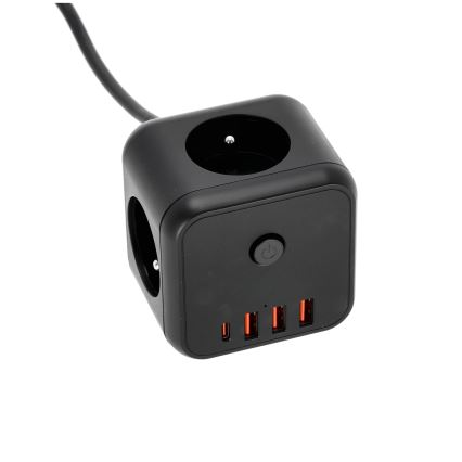 Prailginimo laidas kubas su jungikliu LINEA 3x230V + 4xUSB A/C juoda