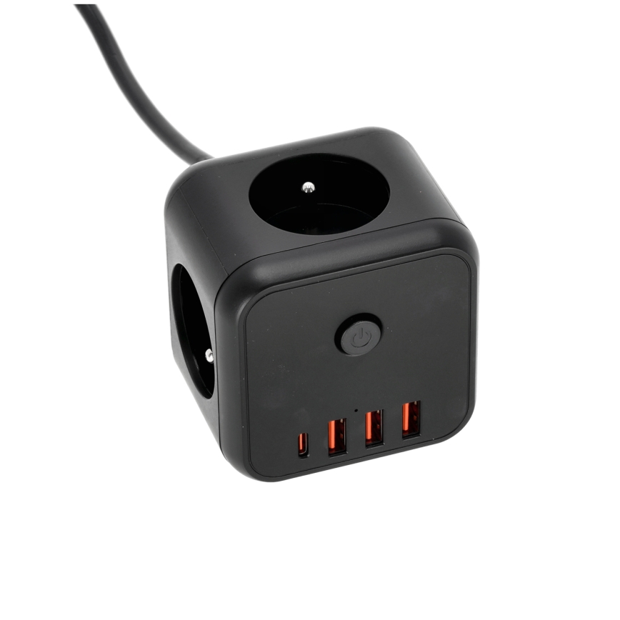 Prailginimo laidas kubas su jungikliu LINEA 3x230V + 4xUSB A/C juoda