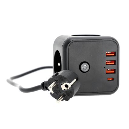 Prailginimo laidas kubas su jungikliu LINEA 3x230V + 4xUSB A/C juoda