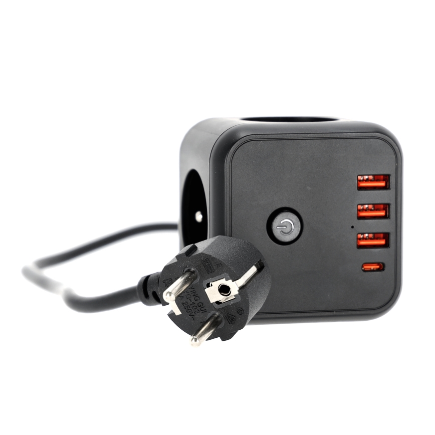 Prailginimo laidas kubas su jungikliu LINEA 3x230V + 4xUSB A/C juoda