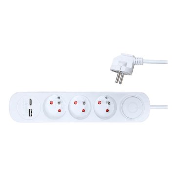 Prailginimo laidas su jungikliu 3 lizdai + 2xUSB 2m baltas