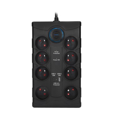 Prailginimo laidas su jungikliu 8Z E tipo + 1xUSB-A + 1xUSB-C 2m juodas