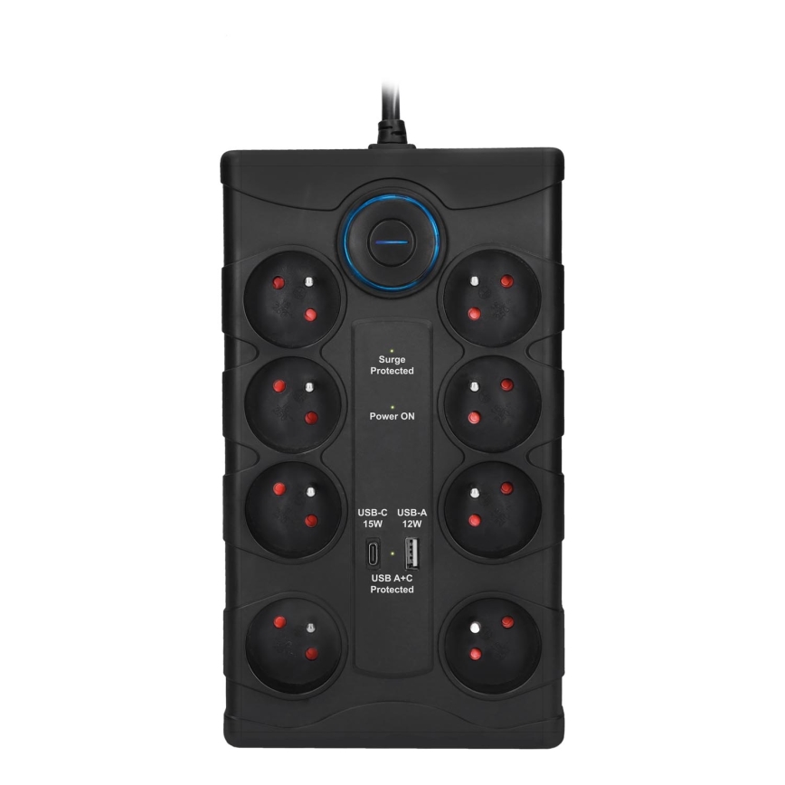 Prailginimo laidas su jungikliu ir apsauga nuo viršįtampių, 8 lizdų, E tipo kištukas + 1xUSB-A + 1xUSB-C, 2 m, juodas