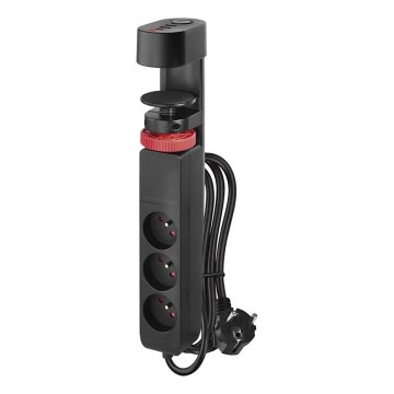 Prailginimo laidas su tvirtinimu prie stalo 3Z + 3xUSB 1,5m juodas