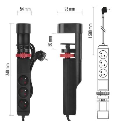 Prailginimo laidas su tvirtinimu prie stalo 3Z + 3xUSB 1,5m juodas
