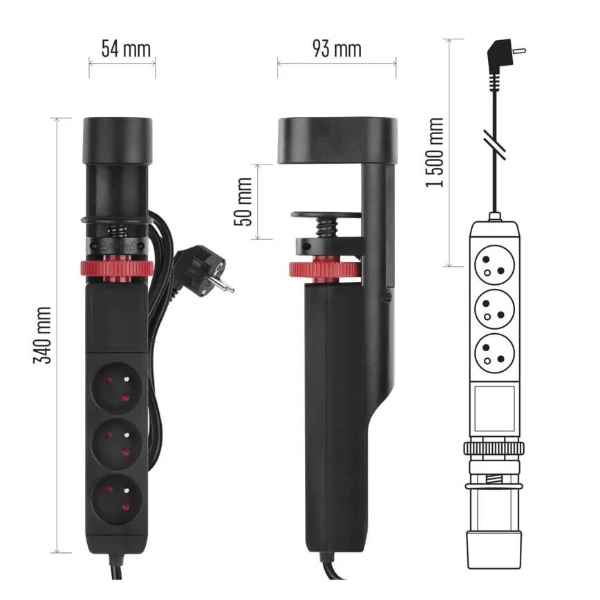 Prailginimo laidas su tvirtinimu prie stalo 3Z + 3xUSB 1,5m juodas