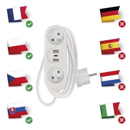Pratęsimo laidas 2 lizdai + 2x USB-A + USB-C 1,4 m