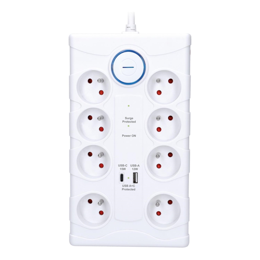 Prailgintojas su jungikliu ir apsauga nuo viršįtampių, 8 lizdų (Tipas E) + 1x USB-A + 1x USB-C, 2 m, baltas