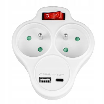 Prailgintuvas su jungikliu, 2 lizdai + USB-C + USB-A
