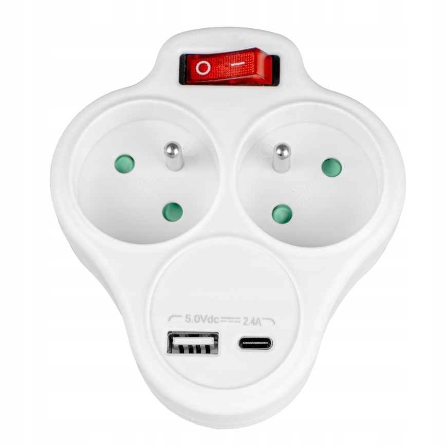 Prailgintuvas su jungikliu, 2 lizdai + USB-C + USB-A