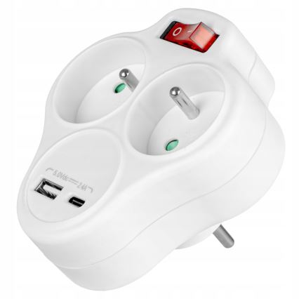 Prailgintuvas su jungikliu, 2 lizdai + USB-C + USB-A