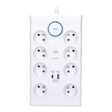 Prailgintuvas su jungikliu, 8 lizdų, E tipo + 1x USB-A + 1x USB-C, 2 m, baltas