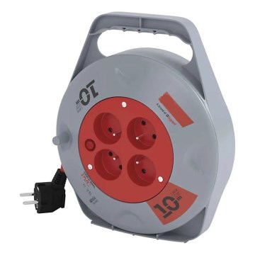 Pratęsimo kabelis ant ritės su 4 lizdais, 10 m, pilka/raudona