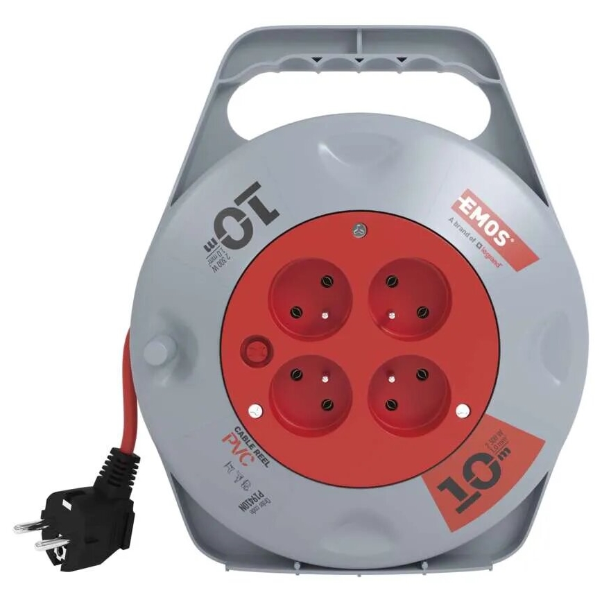 Pratęsimo kabelis ant ritės su 4 lizdais, 10 m, pilka/raudona