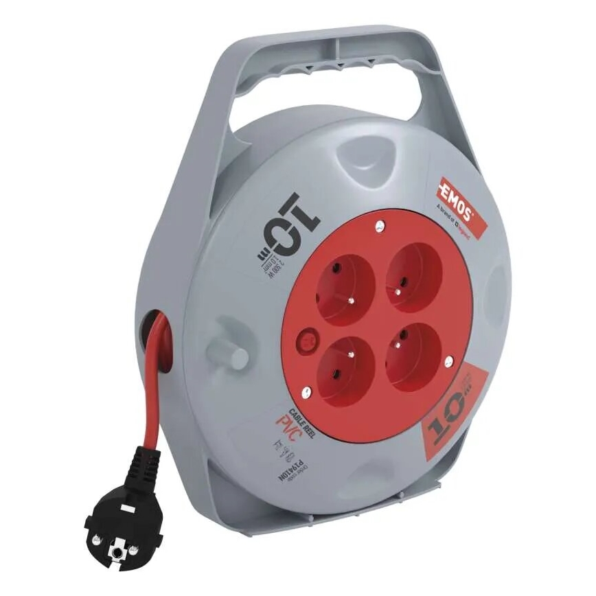 Pratęsimo kabelis ant ritės su 4 lizdais, 10 m, pilka/raudona