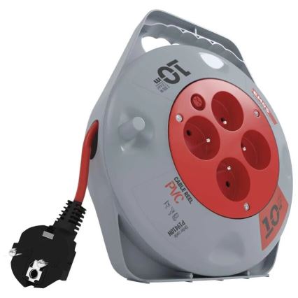 Pratęsimo kabelis ant ritės su 4 lizdais, 10 m, pilka/raudona