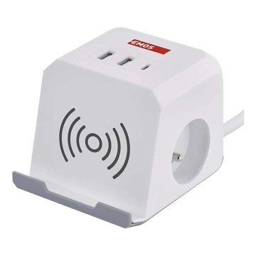 Pratęsimo laidas su belaidžiu QI įkrovimu 2Z +2xUSB-A+1xUSB-C 2m baltas