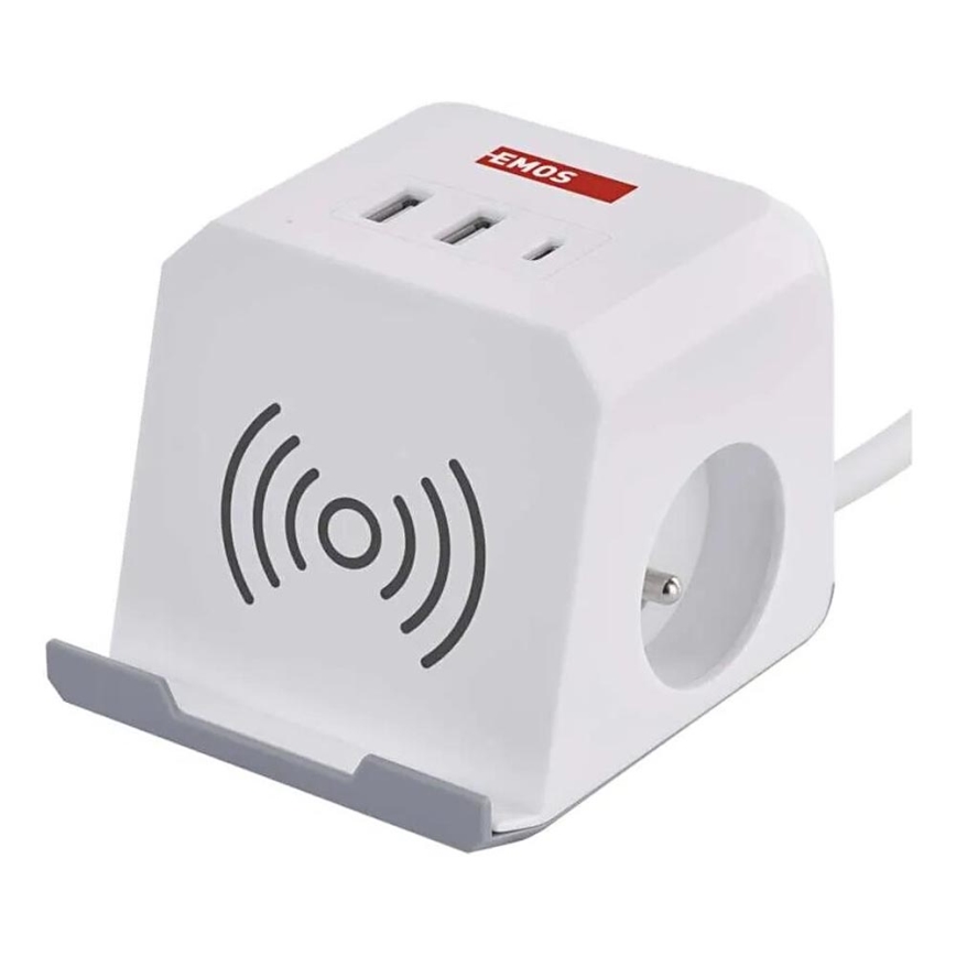 Pratęsimo laidas su belaidžiu QI įkrovimu 2Z +2xUSB-A+1xUSB-C 2m baltas