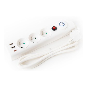 Pratęsimo laidas su jungikliu 3 lizdai Tipas E + 2xUSB-A + 1xUSB-C 1,5 m