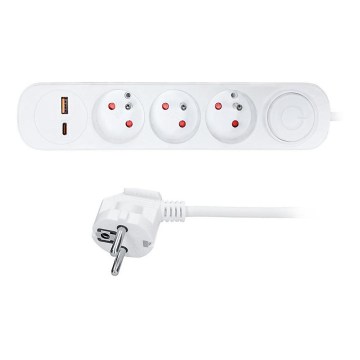 Pratęsimo laidas su jungikliu, su 3 lizdais ir USB A+C įkrovimu, 5 m ilgio