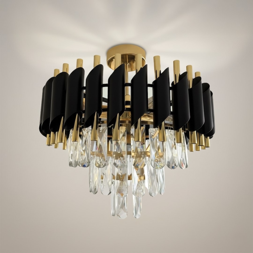 Prie lubų montuojamas liustras CRISTAL, 5 × E14, 10 W, 230 V, Ø 38 cm, juodas/auksinis