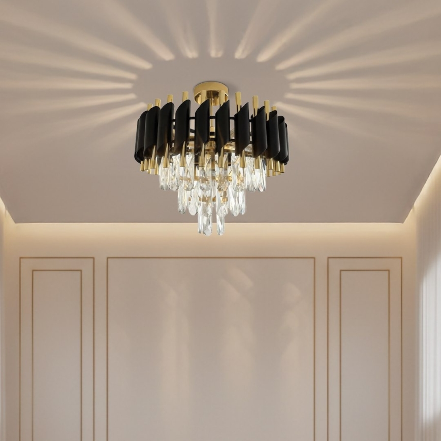 Prie lubų montuojamas liustras CRISTAL, 5 × E14, 10 W, 230 V, Ø 38 cm, juodas/auksinis