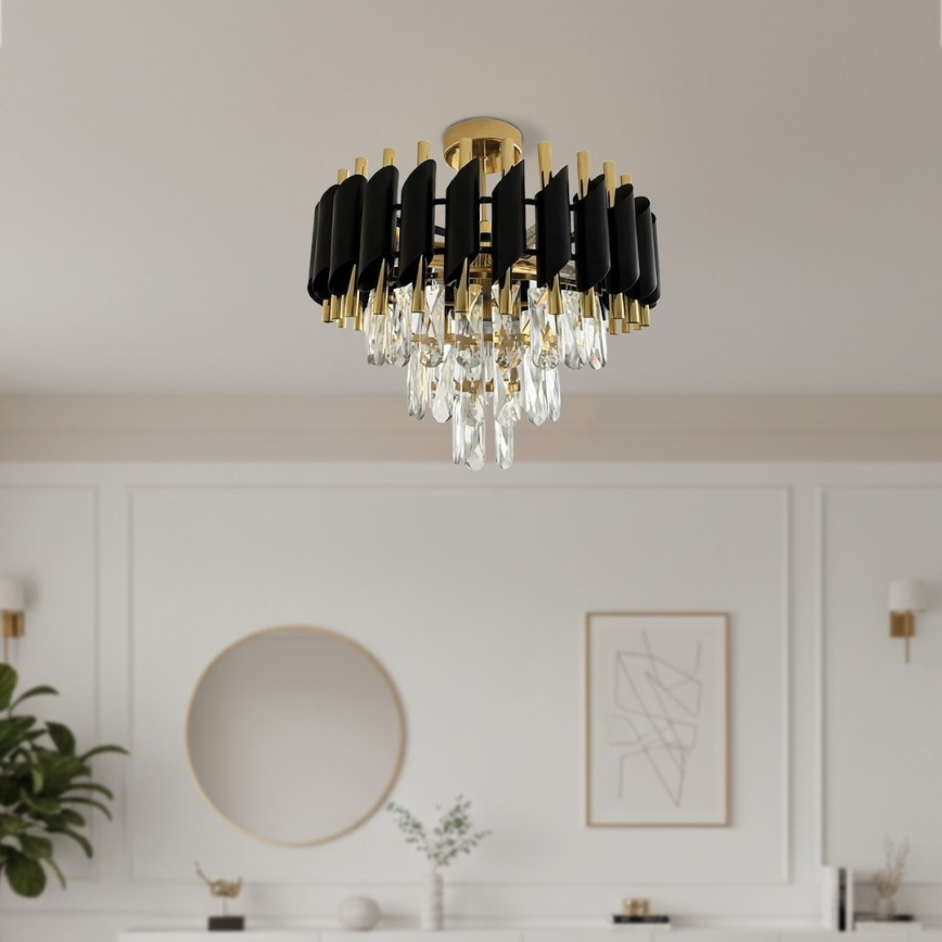 Prie lubų montuojamas liustras CRISTAL, 5 × E14, 10 W, 230 V, Ø 38 cm, juodas/auksinis