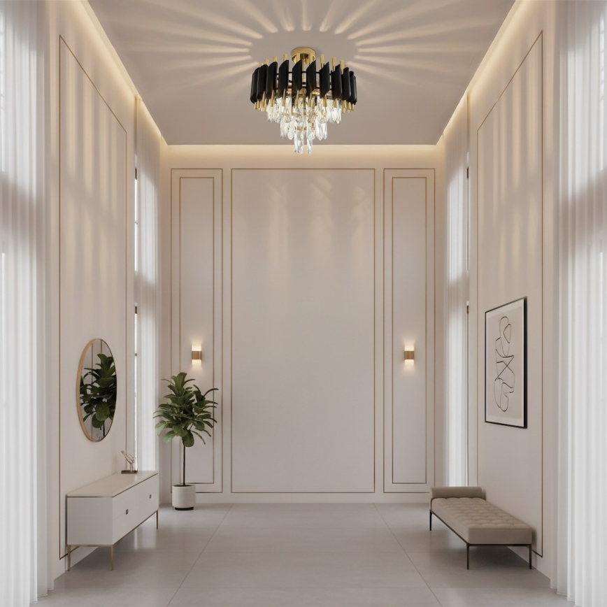 Prie lubų montuojamas liustras CRISTAL, 5 × E14, 10 W, 230 V, Ø 38 cm, juodas/auksinis
