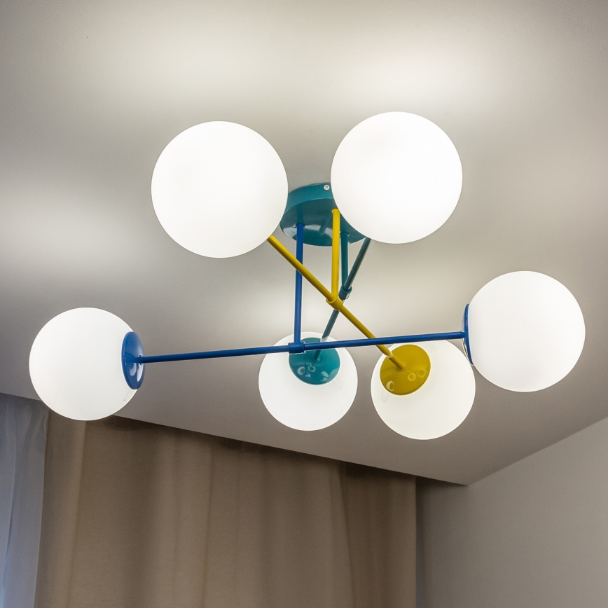 Prie lubų montuojamas šviestuvas MOON 6xE27/15W/230V, turkio, geltonos arba mėlynos spalvos