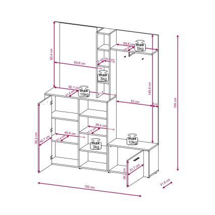Prieškambario sienelė su veidrodžiu KEVIN ruda/balta