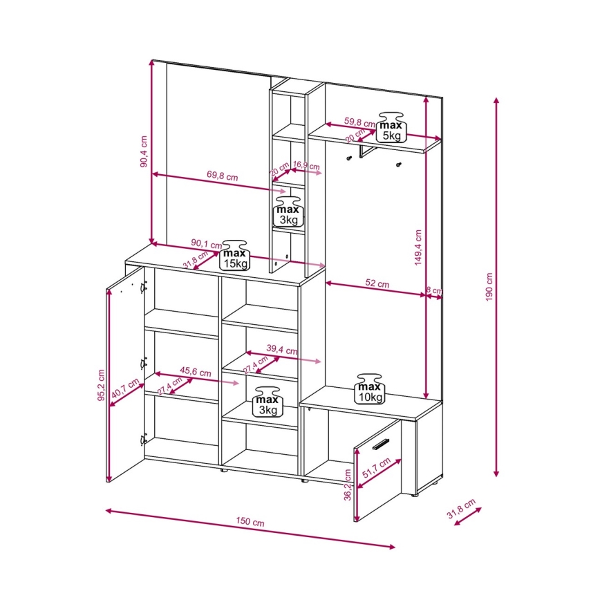 Prieškambario sienelė su veidrodžiu KEVIN ruda/balta