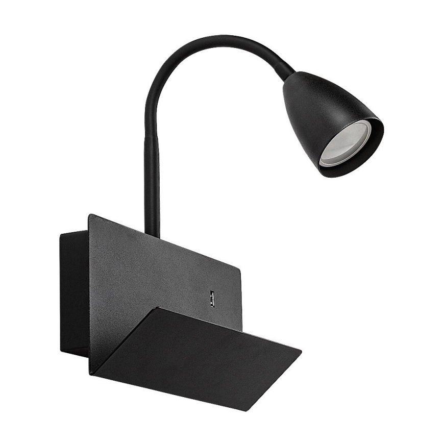 Rabalux - Sieninis šviestuvas su lentyna ir USB port 1xGU10/25W/230V juoda