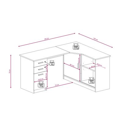 Rašomasis stalas ROBERTO su lentyna ir stalčiais, dešinės pusės, Artisan ąžuolas/balta