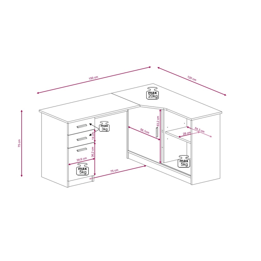 Rašomasis stalas ROBERTO su lentyna ir stalčiais, dešinės pusės, Artisan ąžuolas/balta