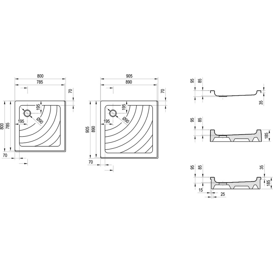 Ravak A007701120 - Kvadratinis dušo padėklas ANGELA 90x90 cm baltas