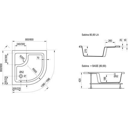Ravak A217001020 - Ketvirčio formos dušo padėklas SABINA 90x90 cm, baltas
