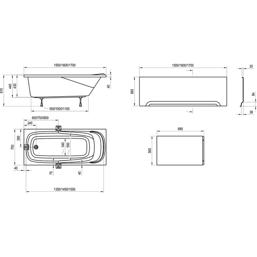 Ravak CO11000000 - Vonia VANDA 150x70 cm akrilas/blizgi balta