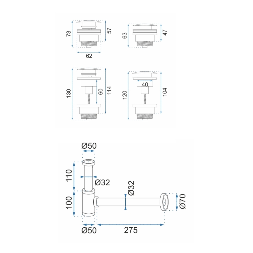 REA-A4400 - Praustuvo sifonas su CLICK-CLACK mechanizmu, skersmuo 6,4 cm, nikeliuotas