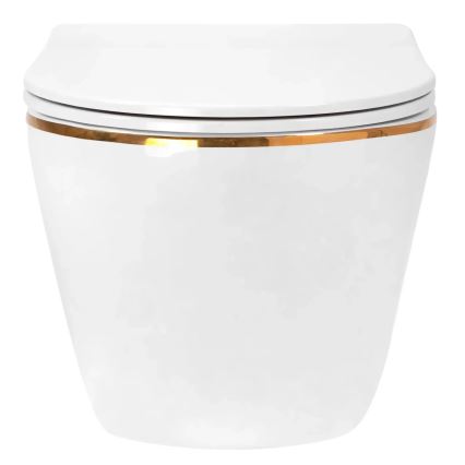 REA-C6806 - Pakabinamas WC su sėdyne CARLO MINI TORNADO RIMLESS keramika/balta/auksinė