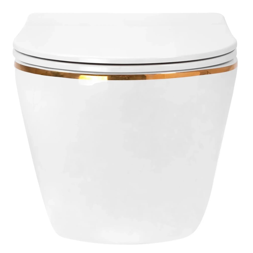 REA-C6806 - Pakabinamas WC su sėdyne CARLO MINI TORNADO RIMLESS keramika/balta/auksinė