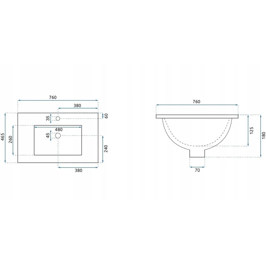 REA-U0040 - Įleidžiamas praustuvas DAFNE 46,5x76 cm keramika/blizgi balta