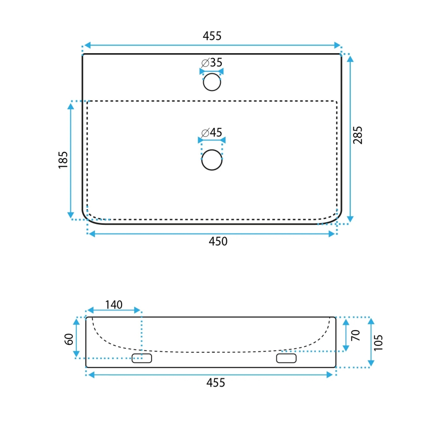 REA-U0630 - Praustuvas ant stalviršio/pakabinamas NAOMI 28,5x45,5 cm keramika/balta