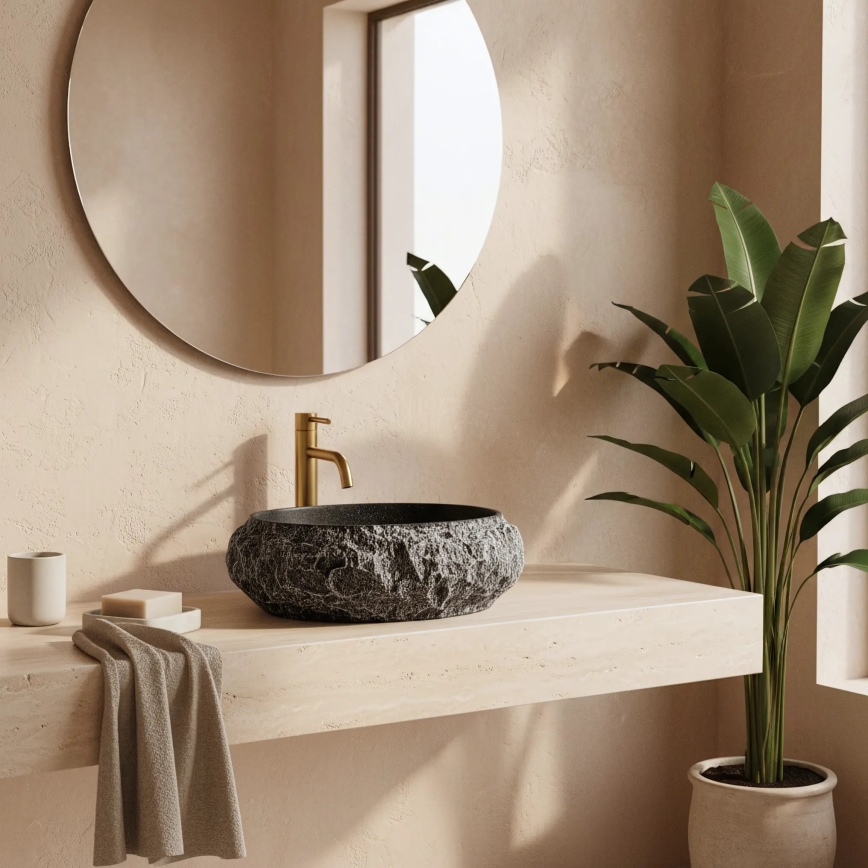 REA-U0634 - Ant stalviršio montuojamas praustuvas MIKA GABRO 38x50 cm juodas/akmens imitacija