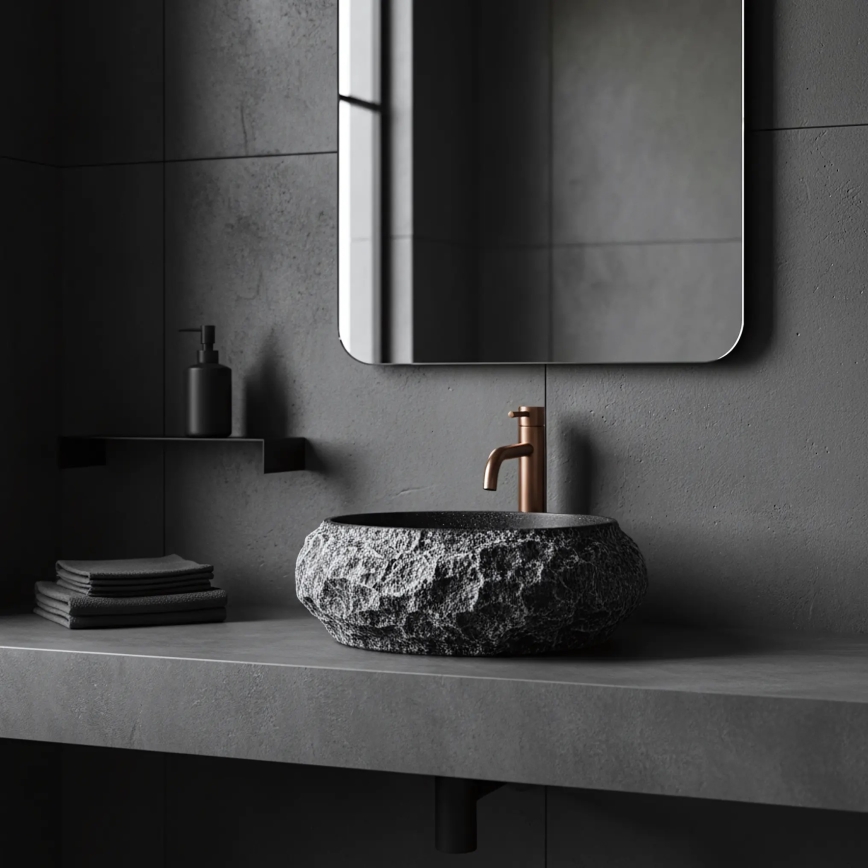 REA-U0634 - Ant stalviršio montuojamas praustuvas MIKA GABRO 38x50 cm juodas/akmens imitacija