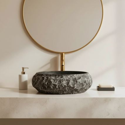 REA-U0634 - Ant stalviršio montuojamas praustuvas MIKA GABRO 38x50 cm juodas/akmens imitacija